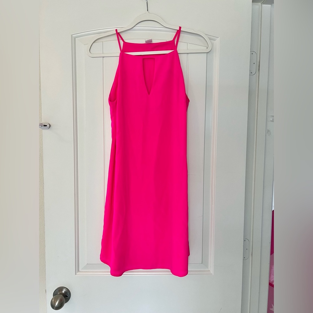 “A” New York Hot Pink Halter Neck Plunge Keyhole Slip adress